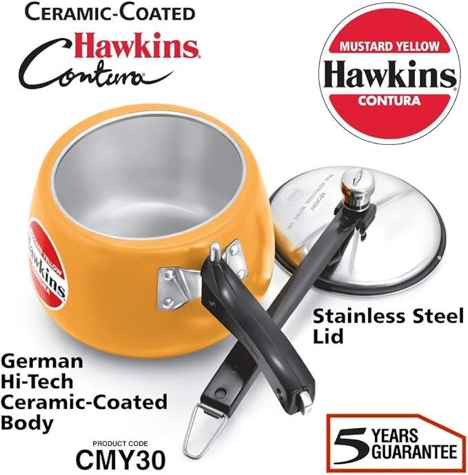 Hawkins Ceramic CMY30 Coated Contura Pressure Cooker, 3 L, Mustard Yellow